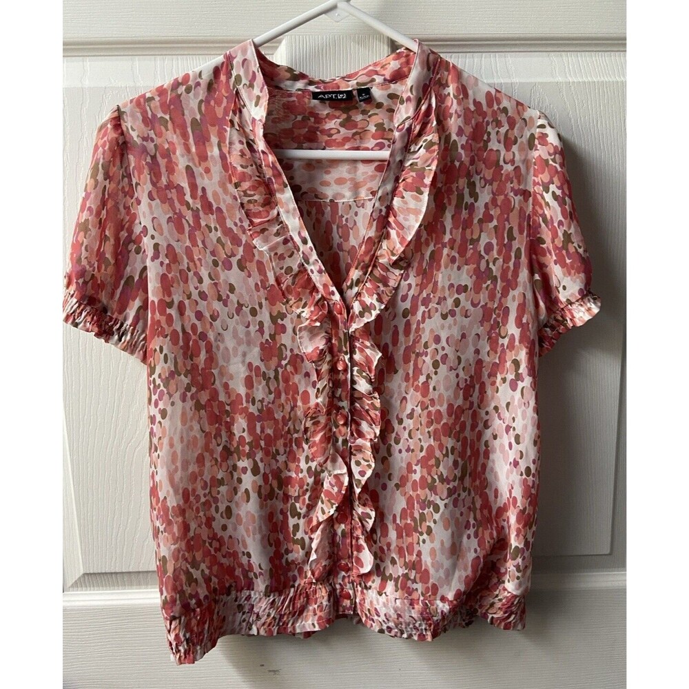 Apt 9 Top Blouse Womens Small Button Front Short Sleeve  Pink Semi Sheer Ruffle